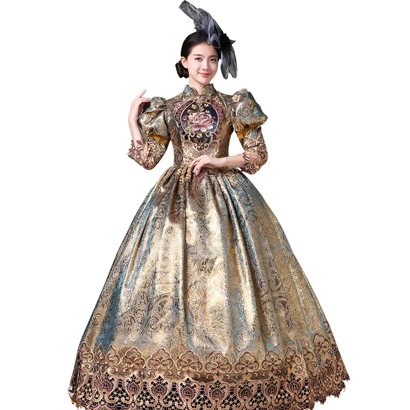 S-2XL Royal Champagne Marie Antoinette Women Long Dress Medieval Masquerade Dresses Ball Gowns Theater Costumes With Hat