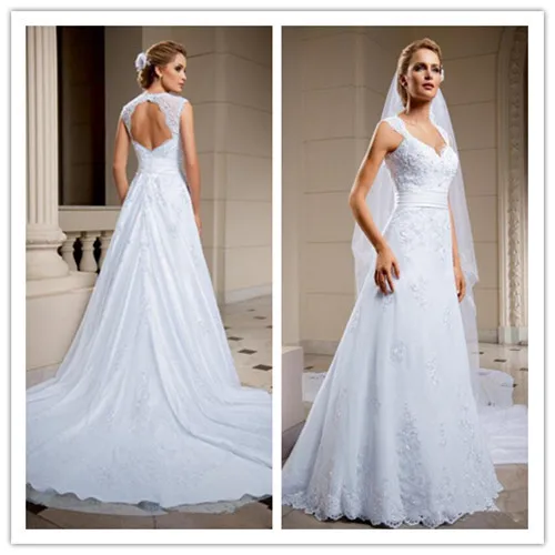 Hot Sale A-line White Wedding Dresses 2015 Sweetheart Backless Sleeveless Sweep Train 2016 Applique Romantic Bridal Gowns Dress