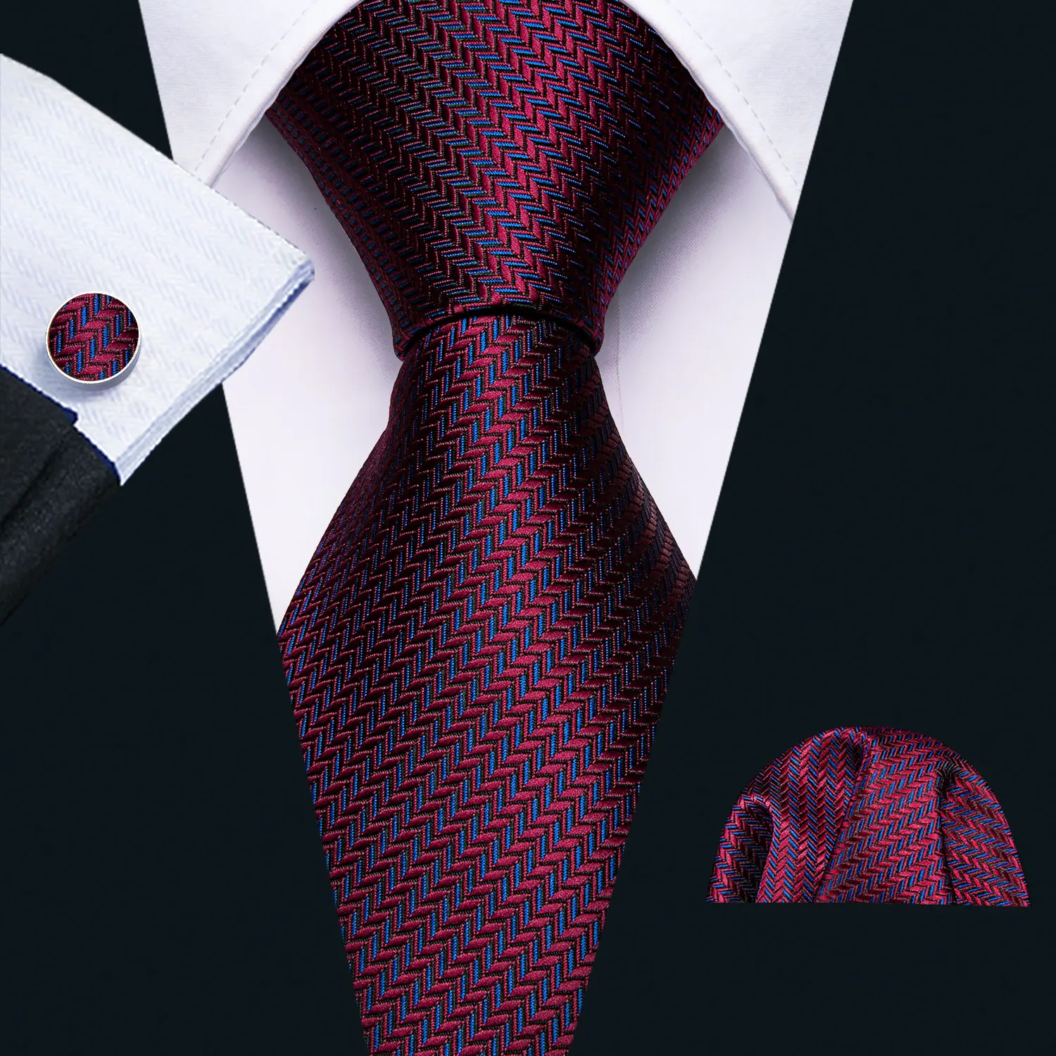 Red Silk Wedding Necktie Jacquard Woven Striped Ties For Men Tie Handkerchief Cufflink Set Barry.Wang Fashion Designer FA-5028