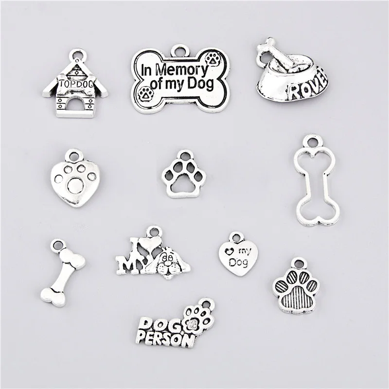 22pcs Mix Silver Color Dog Paw Dog House Charms Cute I Love My Dog Pendant Jewelry Making DIY Handmade Accessories M55