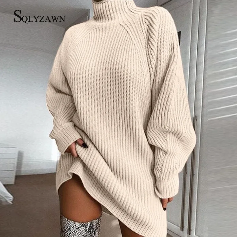 Autumn Winter Warm Oversized Turtleneck Long Sweater Dress Women Thick Loose Beige Knitted Pullovers Korean Tunic Stripe Shirt