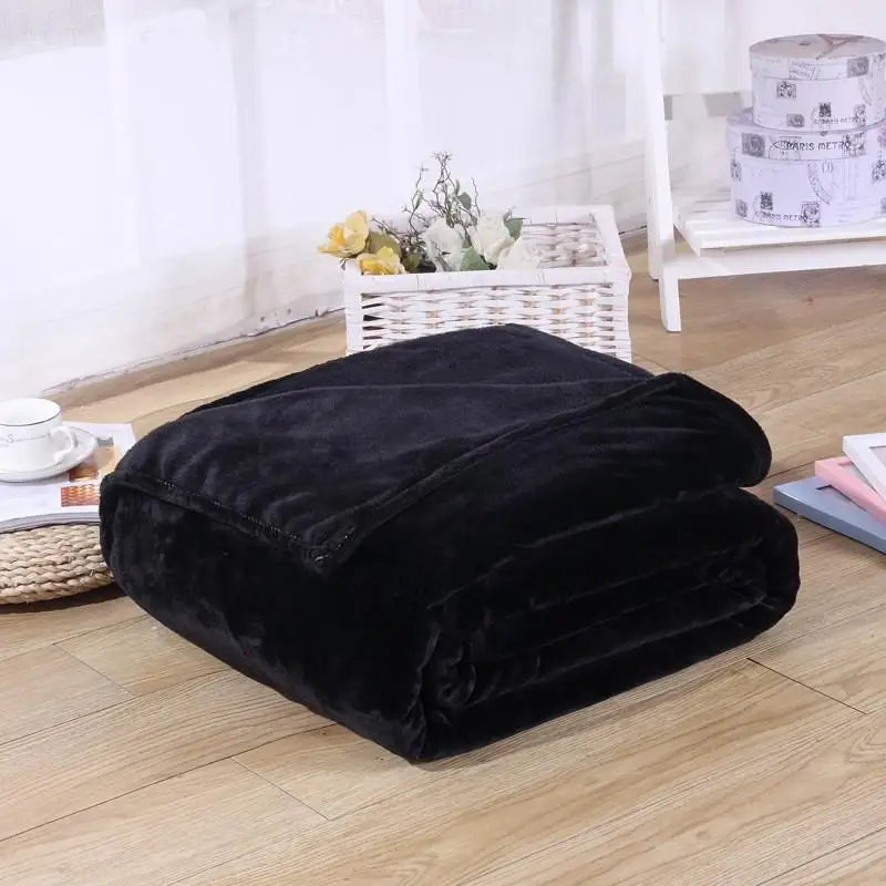 Soft Solid Black Color Coral Fleece Blanket Warm Sofa Cover Twin Queen Size Fluffy Flannel Mink Throw Plaid Plane Blankets