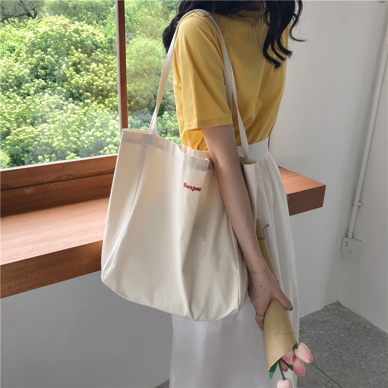 Sac à bandoulière en toile brodée pour femmes, sac à main de Bonjour, fourre-tout décontracté, réutilisable, grande capacité, en coton, pour Shopping, plage