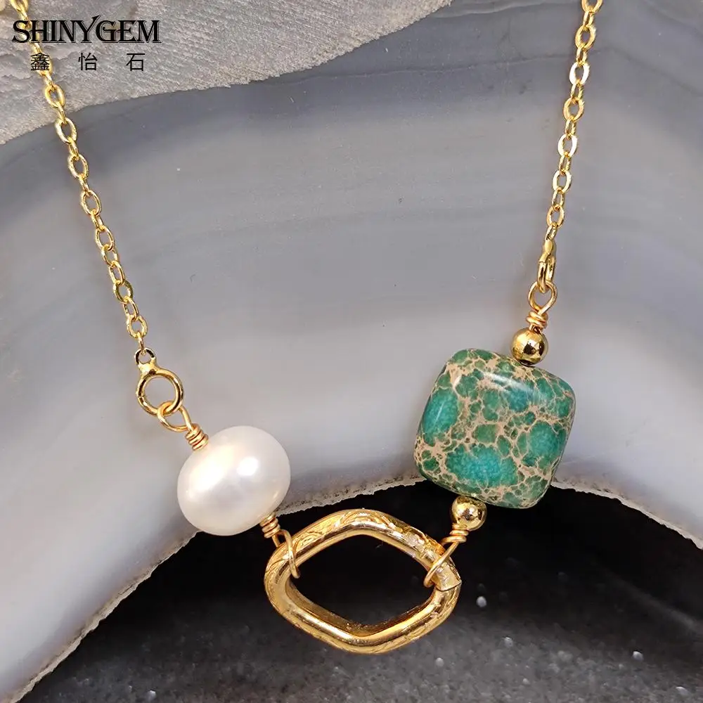 

SHINYGEM DIY Handmad Gold Plated Wire Wrapped Flat Square Imperial Jasper Gemstone Pendant Pearl Necklace For Women Fashion Gift