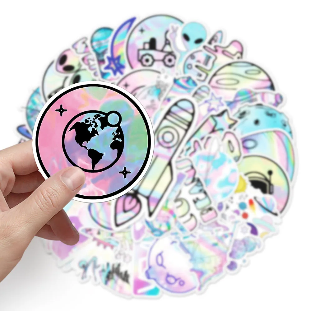 10/30/50Pcs Holografische Laser Alien Outer Space Cartoon Stickers Diy Laptop Bagage Skateboard Telefoon Cool Sticker voor Kinderen Speelgoed