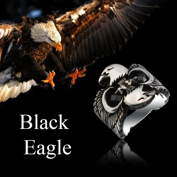 Black Eagle Ring 925 Silver Moon Star Ring For Men Double Head Eagle Male Ring Antique Pattern Biker Punk Vintage fine Jewelry