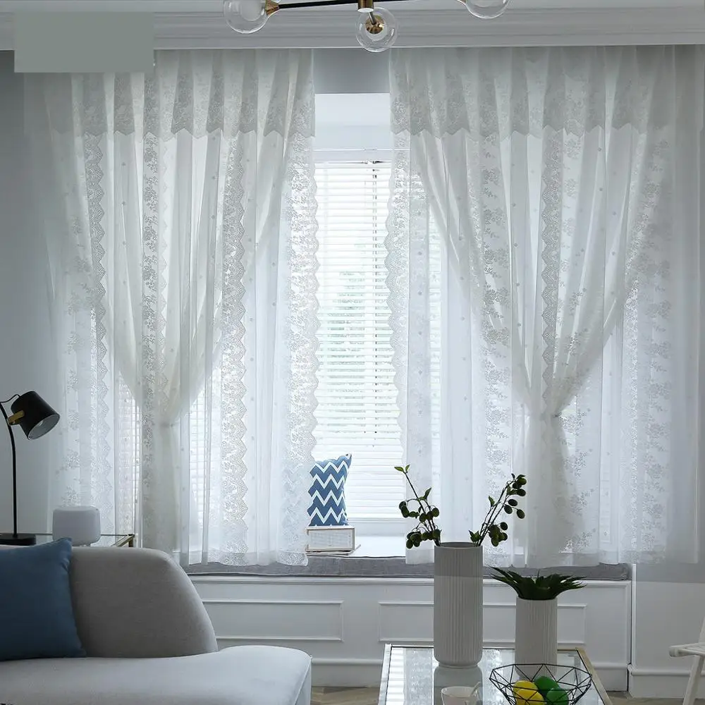 

Custom curtains European jacquard striped cotton Double layer white livingroom bedroom window white Yarn tulle sheer M725