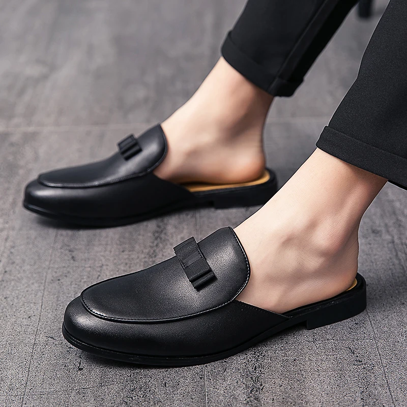 Leather Slippers for Men 2020 Fashion Bow Loafers Black Mules Summer Casual Shoes Men Round Toe Gents Shoes Men\'s Flats Big Size