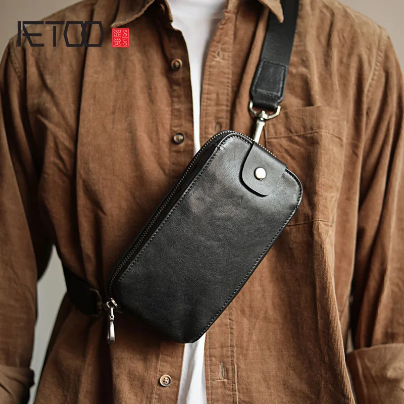 AETOO Genuine Leather Men's Chest Bag Messenger Bag Shoulder Bag Casual First Layer Cowhide Waist Bag Trendy Men's Bag