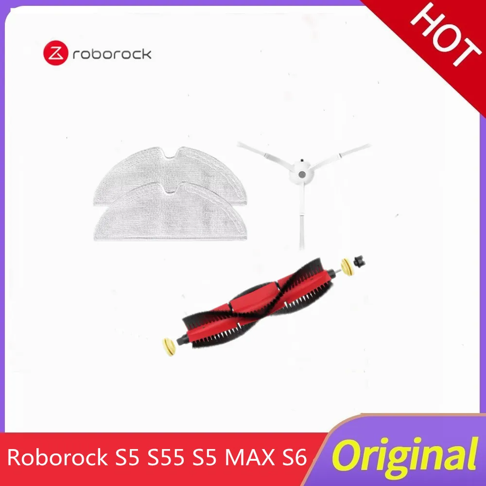 Original Roborock Accessories for S5 Max / E4  E5  S45   S6 V Detachable Main Brush, Silicon Side Brush Washable Filter