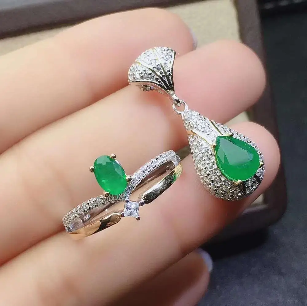

Real Natural Emerald jewelry set Natural Real Emerald 925 sterling silver 1pc pendant,1pc ring