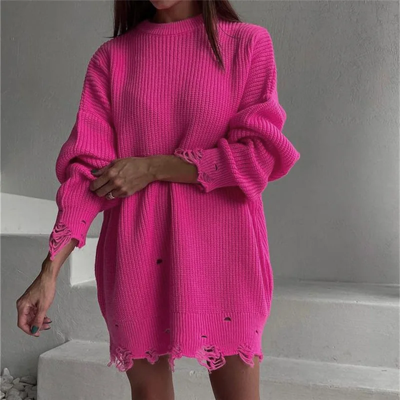 

SKMY Loose Solid Color Broken Hole Sweater Dress Autumn Winter 2025 Round Neck Pullover Long Sleeve Knitted Dress For Women