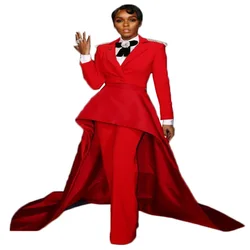 Red Long Train Women Suits 2 Pieces Lapel Modern Beads On Shoulder Fashion Formal One Button Party Suits For Women Custom Made