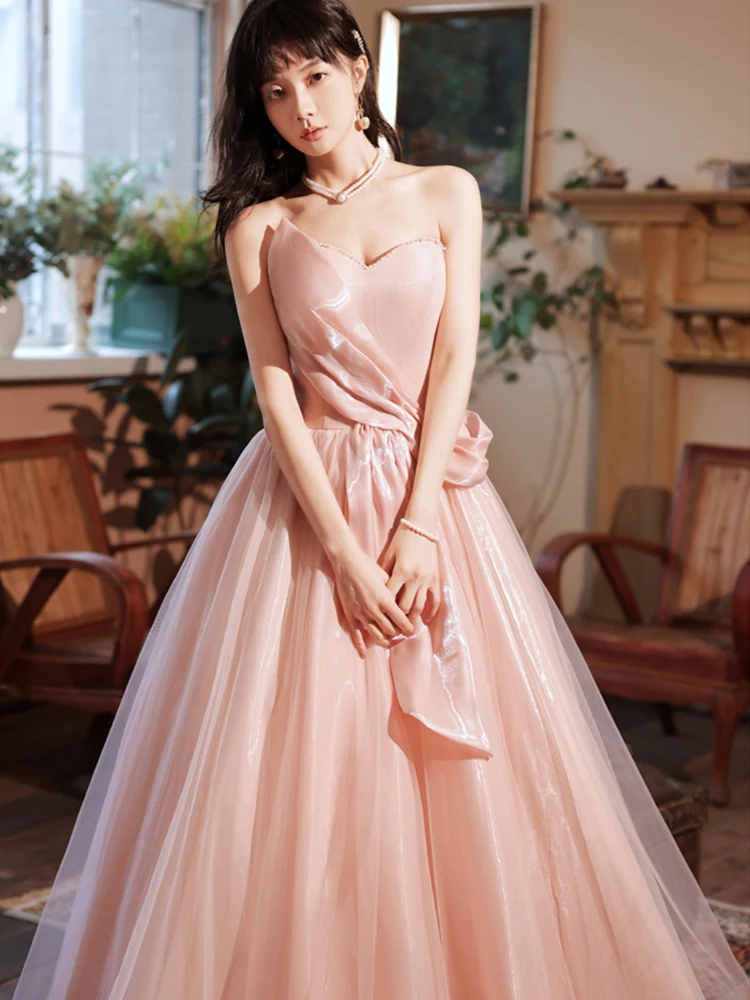 Robe de soirée longue rose sans bretelles, Sexy, dos nu, à lacets, tenue de soirée de princesse, Slim, trapèze, pour femmes