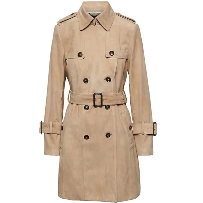 Top Genuine Leather Jackets Women Belted Slim Suede Sheepskin Long Coat Runway Military Double Breasted Windbreaker Trench