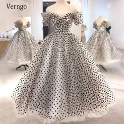 Verngo Off the Shoulder 2023 Princess Dot Tulle Short Prom Dresses Tea Length Short Sleeves Formal Party Gowns Evening Wear