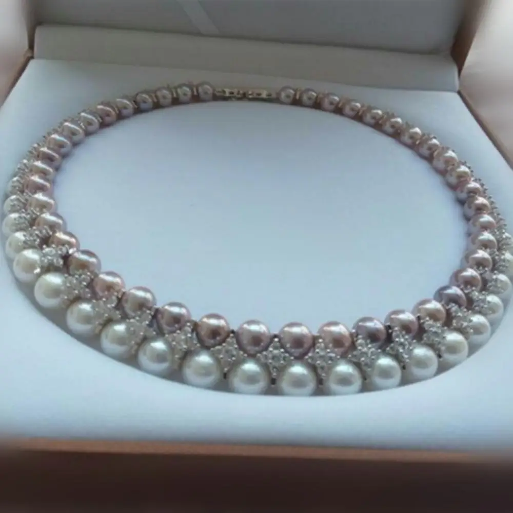 

Double fashion light freshwaterpearl Necklace genuine 925 silver special AA CZ zircon P