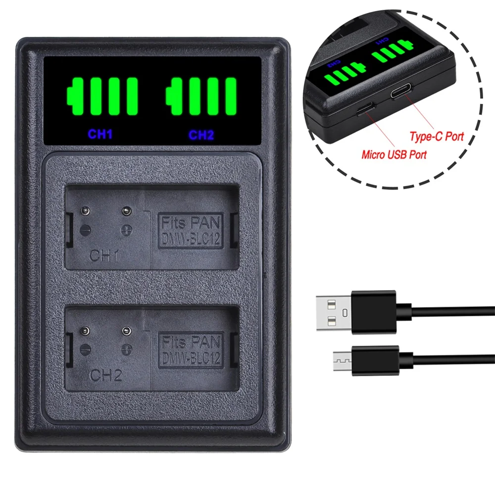 LEDデュアルバッテリー充電器,タイプC, DMW-BLC12,blc12e,blc12pp,Panasonic lumix DMC-G5 g6 g7 gx8 g85 gx2 DMC-FZ200 fz1000