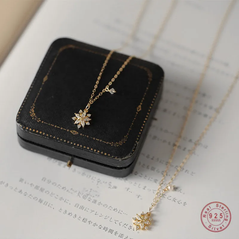 

925 Sterling Silver Simple Pavé Zircon Snowflake Sun Flower Pendant Necklace Women 14K Gold Plated Wedding Jewelry Accessories