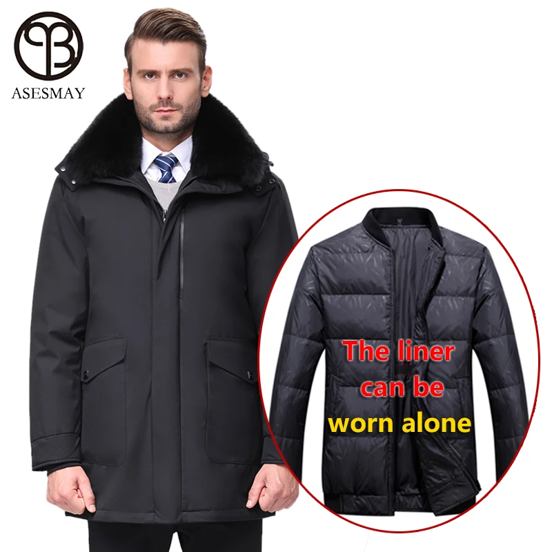 

Asesmay 2021 brand clothing men down jacket thicken smart casual down coats fur hooded long winter male parkas removable liner