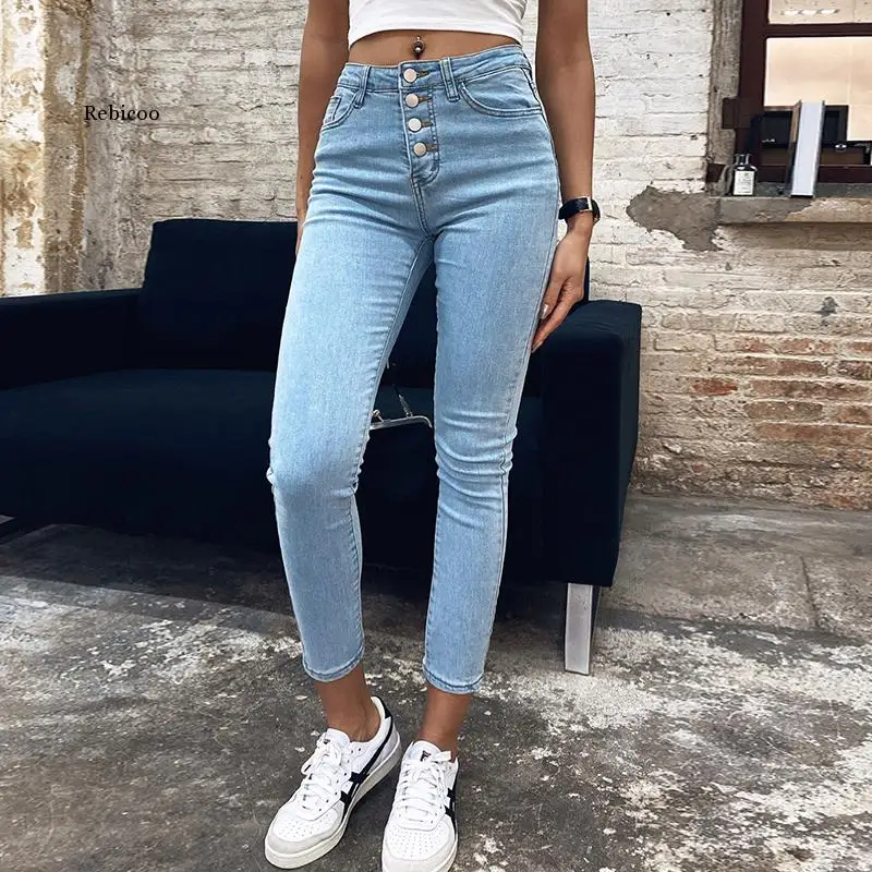 Stretch High Waist Jeans Women 2021 New Skinny Slim Fashion Washed Denim Pencil Pants Plastic Waist Lifting Ninth Pants