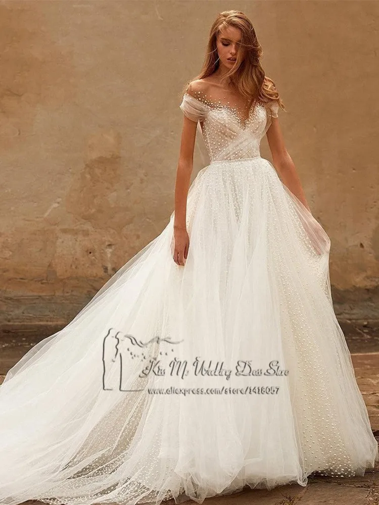 Vestido de Novia 2021 Fairy Vintage Wedding Dresses Turkey Short Sleeve Bride Dress Pearls Dots Tulle Sweep Train Wedding Gowns