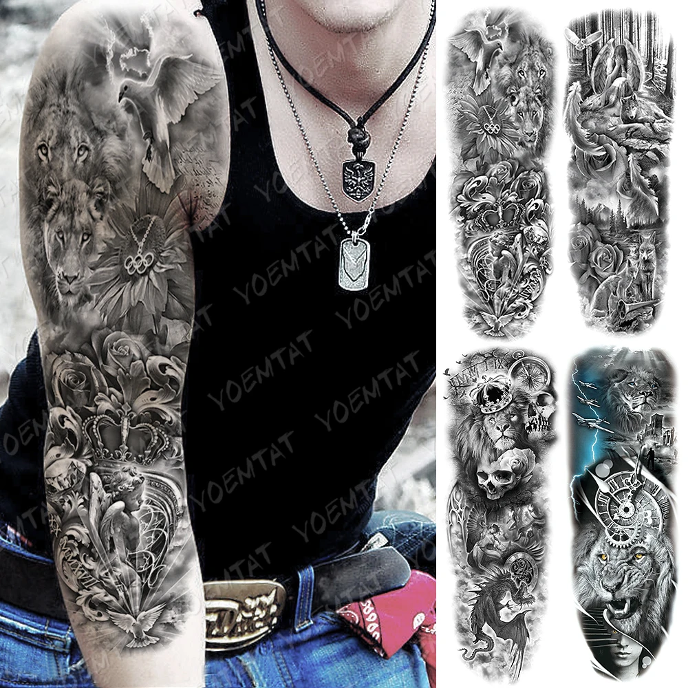 Tatuaje de manga de brazo grande para hombres y mujeres, pegatina de tatuaje temporal a prueba de agua, Ángel, Lobo, León, corona, Cráneo, arte corporal, tatuaje falso completo