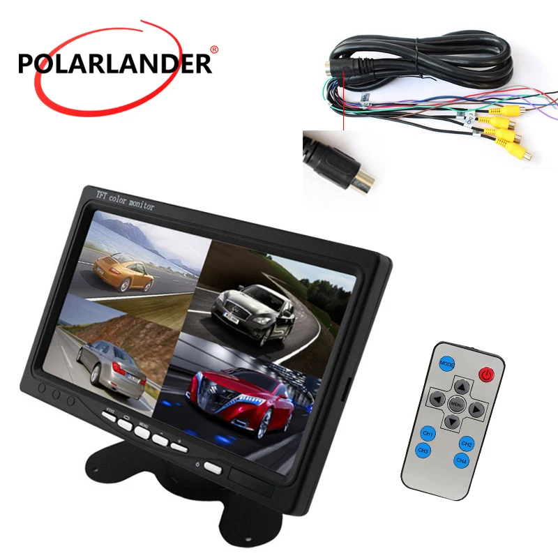 Car Video Monitor For Front Rear Side View Camera Quad Split Screen 6 Mode Display PolarLander DC12V-24V 7\