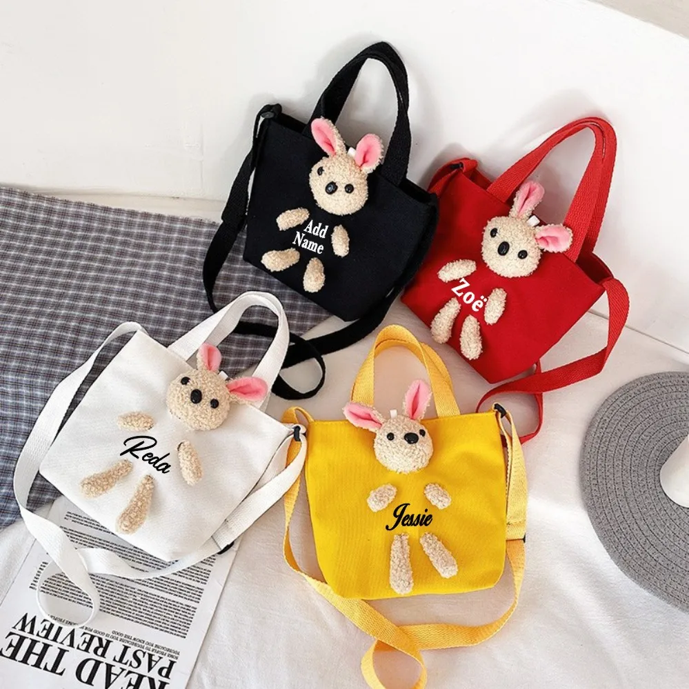 Personalized Canvas Bear Crossbody Square Bag Custom Name Rabbit Doll Crossbody Bag Children’s Casual Bag Kawaii Shoulder Bag