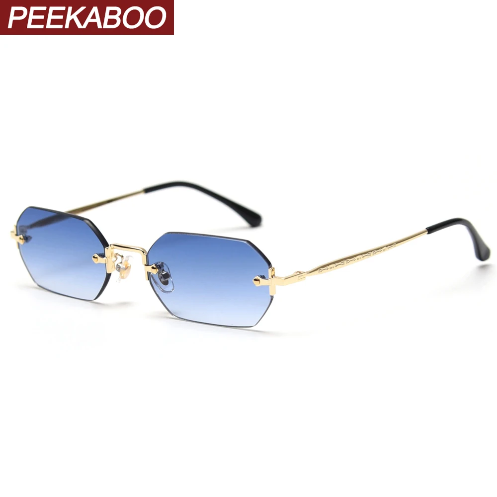 Peekaboo men rectangle sunglasses rimless octagonal small glasses women metal gold polygon blue brown 2021 uv400 frameless