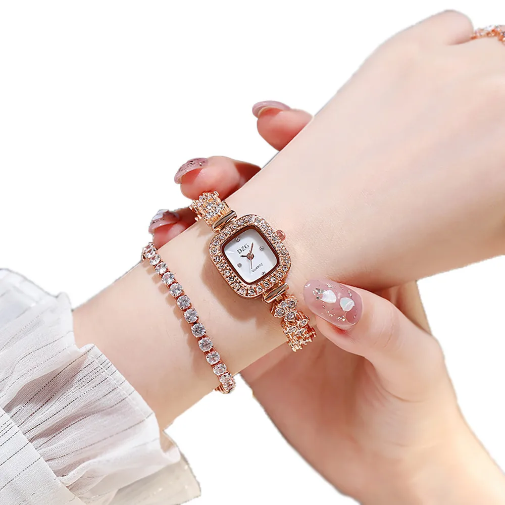 Montres de luxe en acier inoxydable pour femmes, montres-bracelets à quartz pour dames, bracelet en cristal, or rose, petite horloge simple, mode