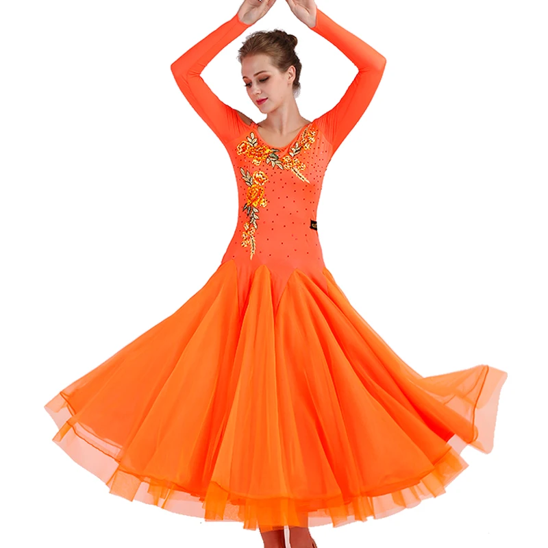 Ballroom Competition Dance Dresses Women New Long Sleeve Elegant Flamenco Dancing Costume Orange Standard Ballroom Dress