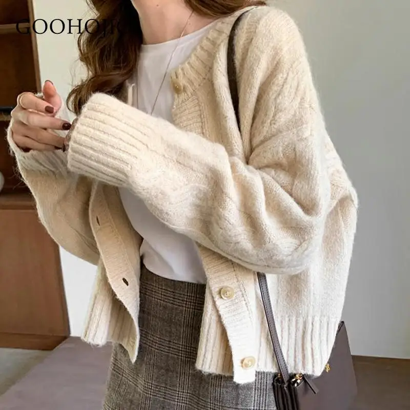 

Autumn Winter Women's Cardigan Korean Style The Retro Solid Color Ruffled Collar Knitted Cardigan Loose Short Twist Sweater Coat