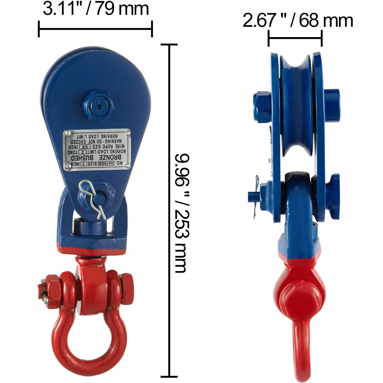 VEVOR 2Ton 4400LBS 3Inch Cướp Chặn Với Dây Chuyền Giàn Xoay Sheave Khối 3/8 Inch Kéo Nâng Cáp Chịu Lực cho Các Ngành Công Nghiệp