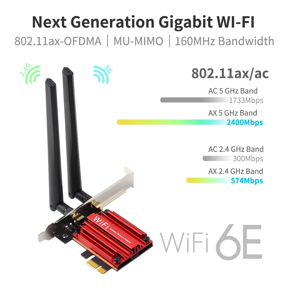 무선 데스크탑 PCIe 어댑터, 윈도우 10/11 용 와이파이 카드, 블루투스 5.3, 802.11AX 트라이 밴드, 2.4G, 5G, 6Ghz, 와이파이 6E, 5374Mbps, AX210