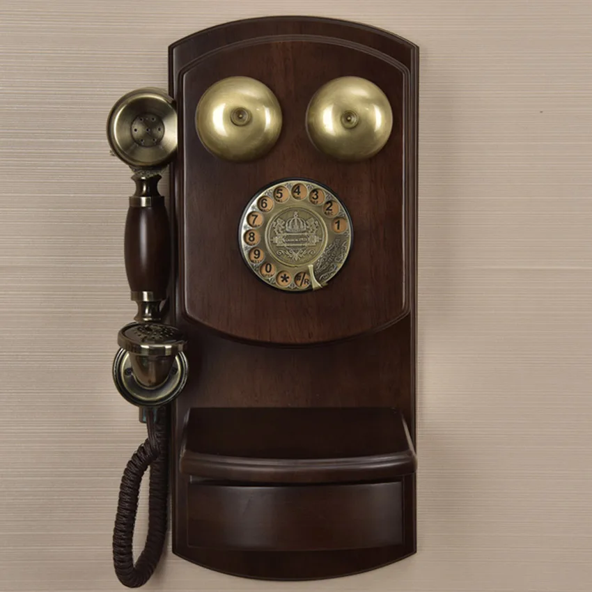 Wall Mounted Vintage Telephone Phone with Drawer, Button / Rotary Dial, Adjustable Classic Ringtone Volume, Solid Wood for Home