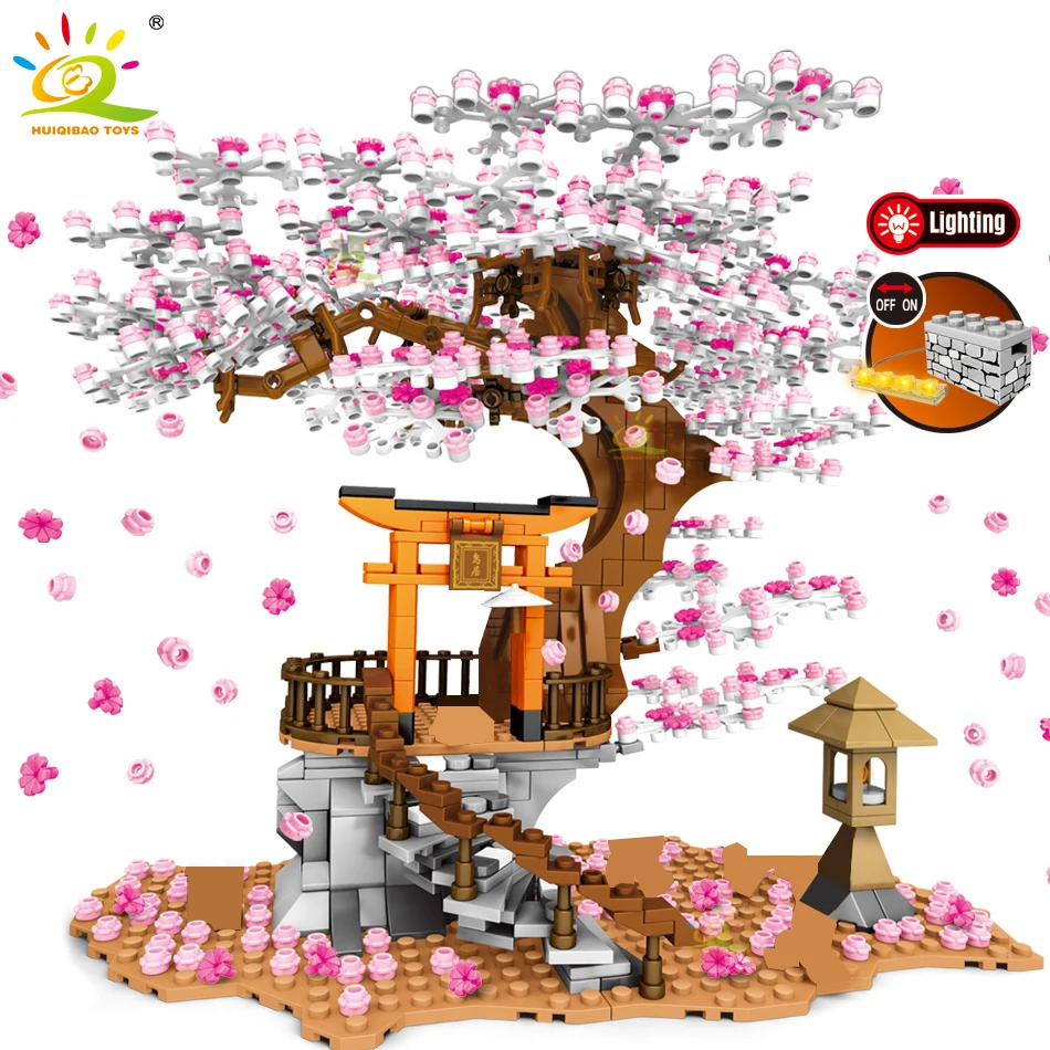 Huiqibao 1167Pcs Cherry Shrine Torii Stad Architectuur Street View Bouwstenen Sakura Boom Verlichting Bricks Cijfers Speelgoed Kid