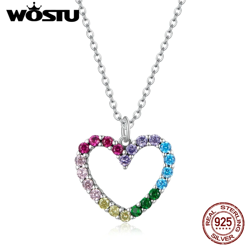 WOSTU 925 Sterling Silver Colorful Love Heart Necklace Rainbow Zircon Long Chain Link Necklace For Women Fashion Jewelry CQN449