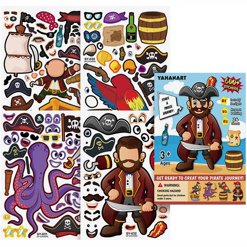 4 Sheets Make Your Own Pirate Sticker Make A Face Stickers Sets Birthday Party Favors Games Supplies for Children Kid Toddlers