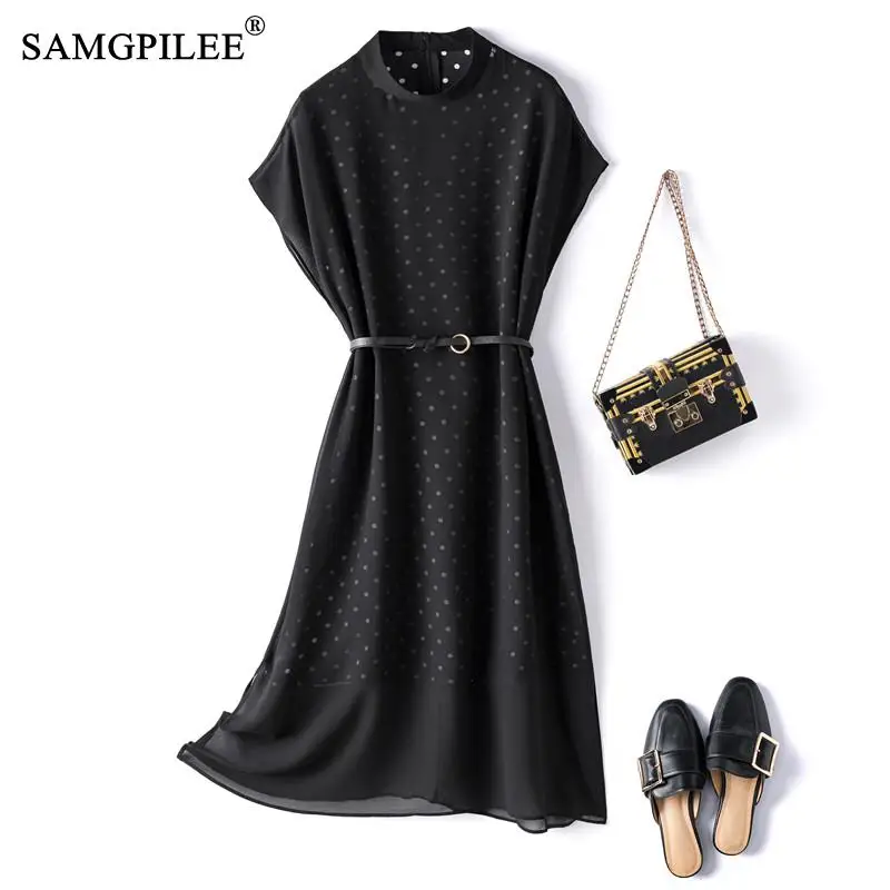 

Summer Clothes For Women 2022 Fashion Casual A-line Dot Pattern Short Sleeve Sashes Knee-length Empire O-neck Dress