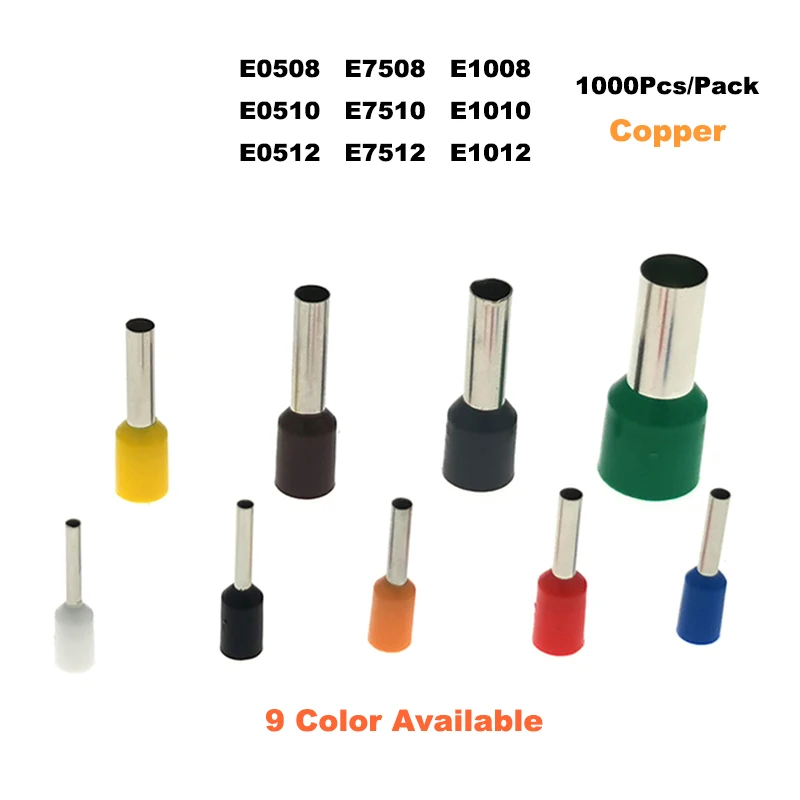 

1000Pcs Copper Tube Insulated Cord End Crimp Terminals Electrical Wire Connector E0508~E1012 Cable Ferrules 22-18AWG 0.5-1.0mm2