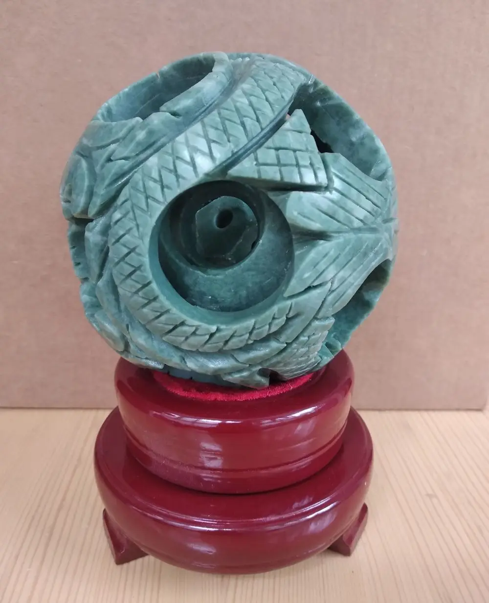 Nature Green Jade Hand Carved 4 Layers Sphere Puzzle Ball Magic Lucky Dragon Phoenix Totem With Wood Stand