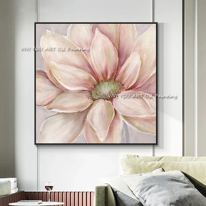 Hand‑Painted Soft Pink Magnolia Oil Painting, Thick Impasto Floral Canvas Wall Art, Modern Botanical Art for Bedroom Home Decor