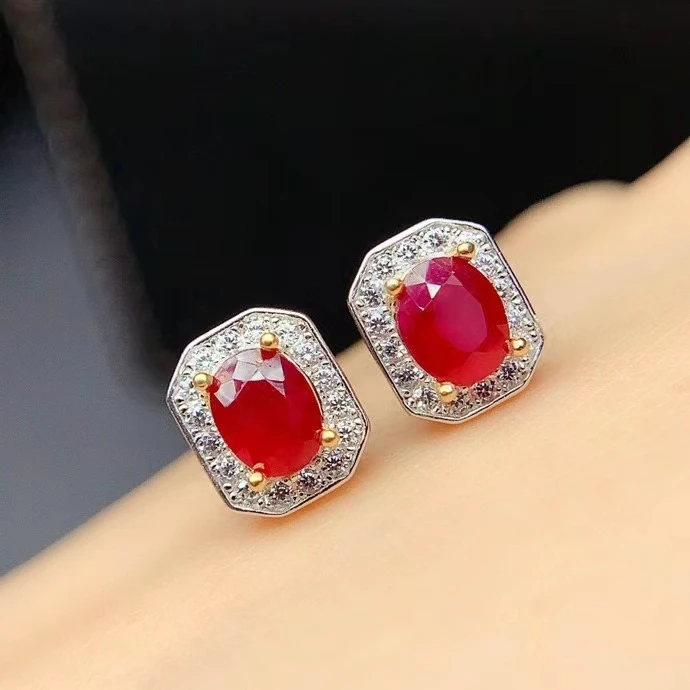 

Exquisite High-end Gift Natural Ruby Stud Earrings for Women Fine Jewelry 4x5mm Size Gemstone Real 925 Silver Daily Wear Luck