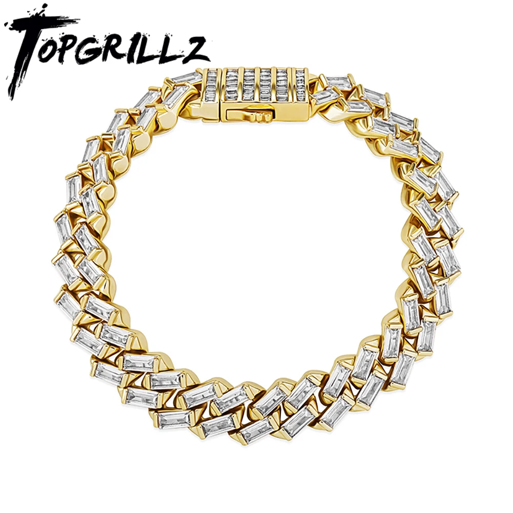 TOPGRILLZ 12MM Baguette Channel Set Cuban Bracelet in White Gold Hip Hop Charm Jewelry Gift For Mens