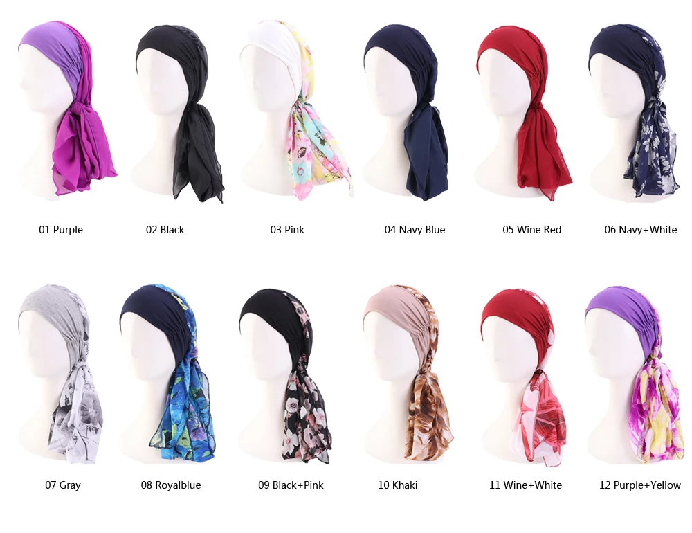 Women Muslim Hijab Cancer Chemo Flower Print Hat Turban Cap Cover Hair Loss Head Scarf Wrap Pre-Tied Headwear Strech Bandana New