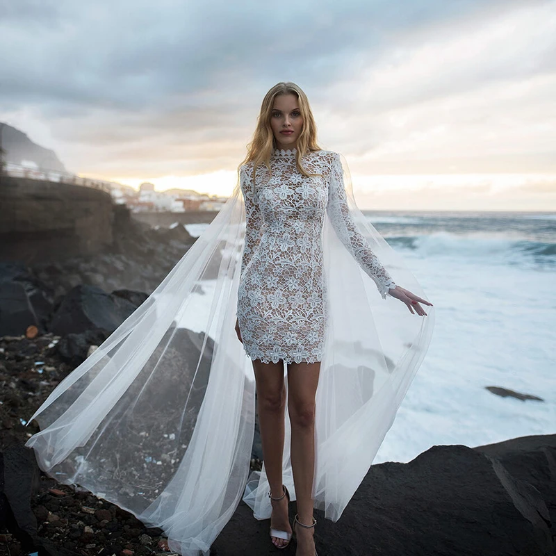 

High Neck Mini Wedding Dresses Bridal Gowns With Detachable Train Sexy Open Back Full Lace Sheath Bridal Gowns