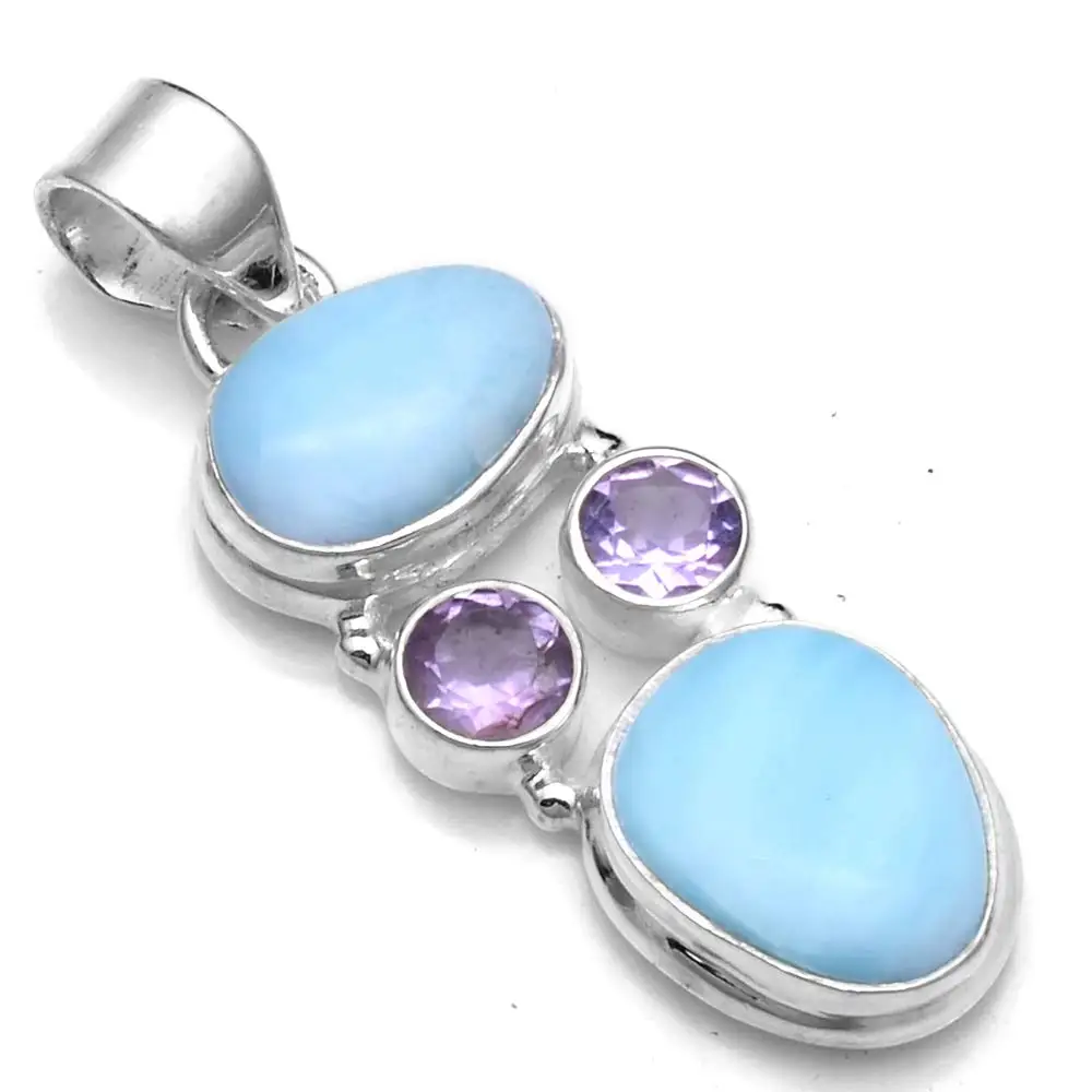 Genuine Larimar + Amethyst Pendant 925 Sterling Silver, 39.6 mm, 2SP0660