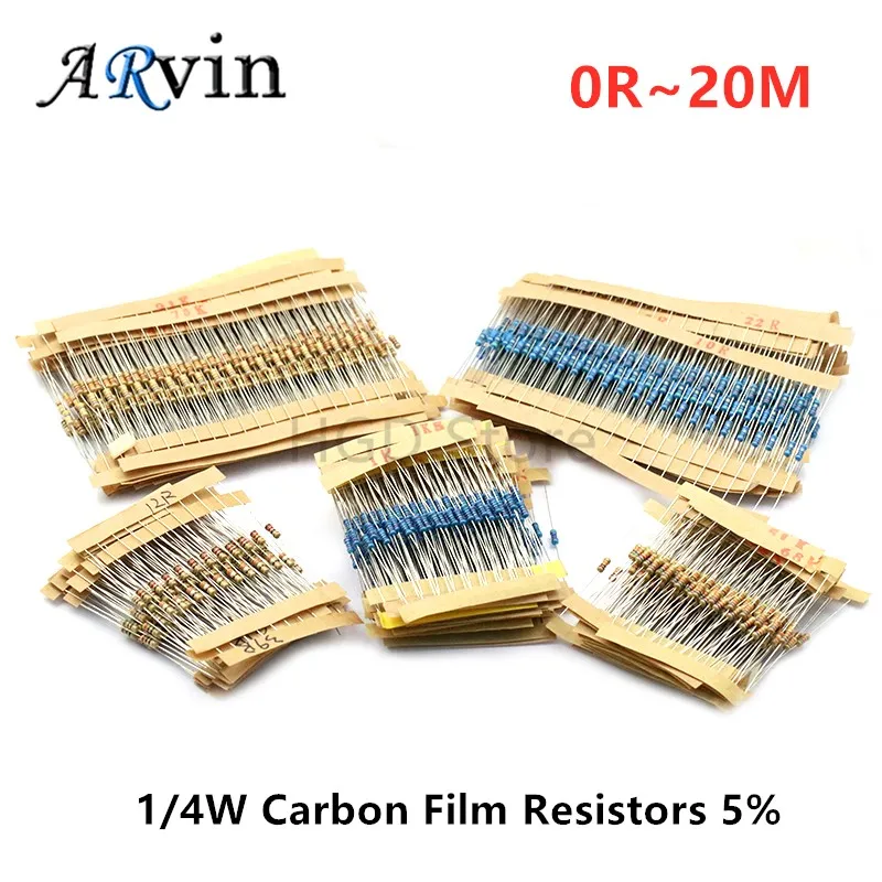 100pcs 1/4W Carbon Film Resistors 5% 0R~20M 1R 10M 10R 47R 100R 220R 1K 10K 4K7 100K 560K 1M 3M3 ohm Color Ring Resistance