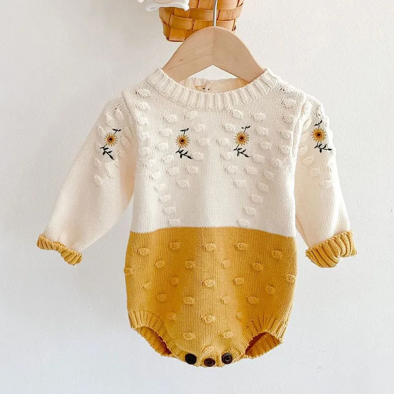 

Spring Baby Girl Rompers Girl Long Sleeves Knit Sunflower Embroider Rompers Autumn Baby Girl Newborn Rompers Clothes